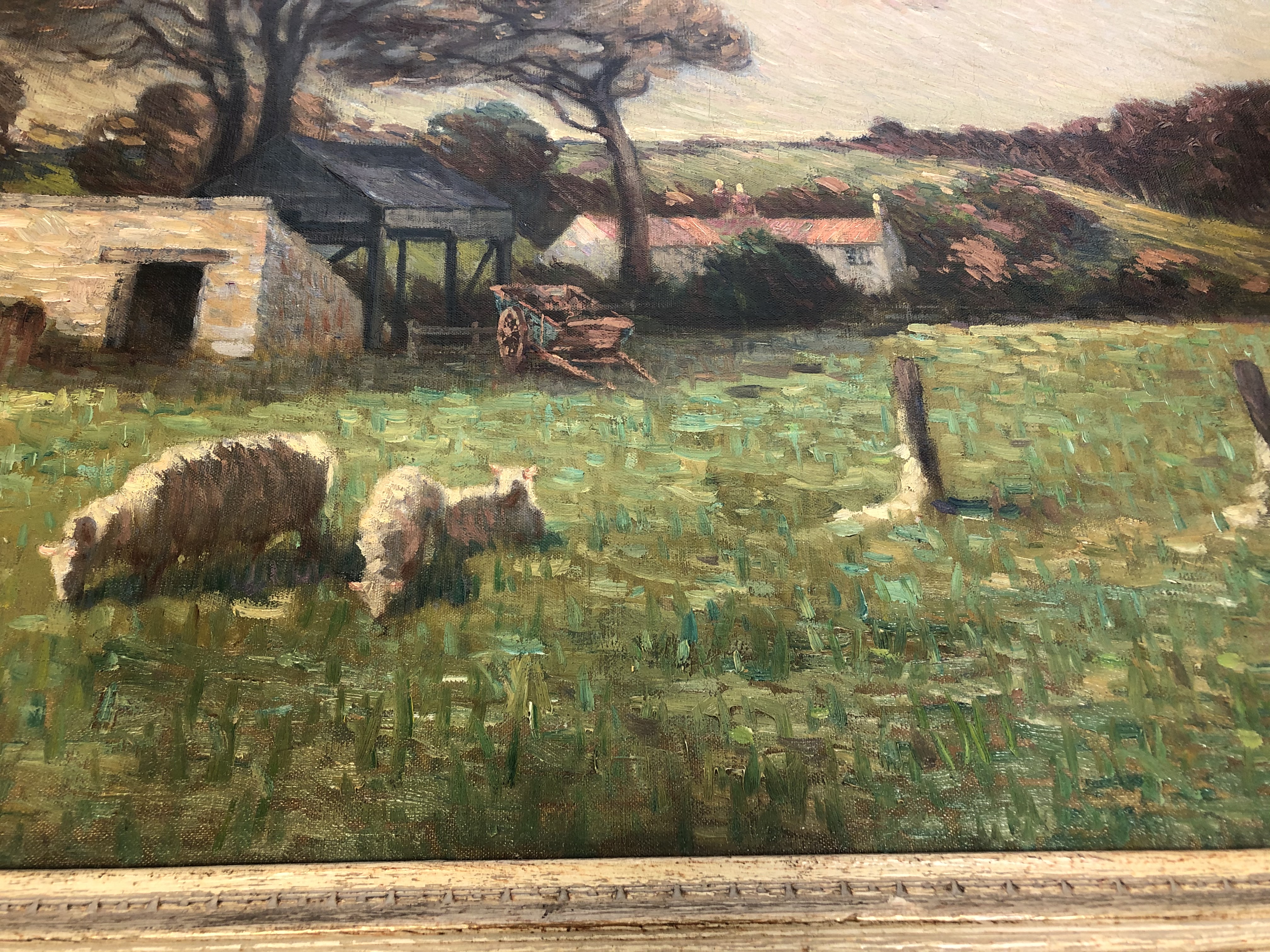 Henry Herbert La Thangue (1859 - 1929) : Sheep Grazing in a Paddock with Hay Cart and Farm - Image 4 of 17