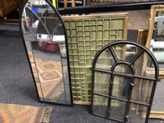 A printer's type tray with metal and leaded glass arched topped mirror and a cast iron domed topped