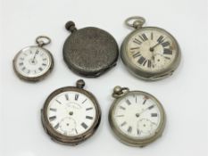 Two silver fob watches and three base metal examples (5) CONDITION REPORT: All