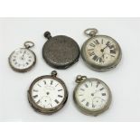 Two silver fob watches and three base metal examples (5) CONDITION REPORT: All