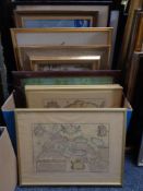 A box of 20th century continental school pictures - framed maps, tapestries,