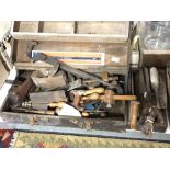 A vintage joiner's tool box and a tool caddy of hand saws, chisels,