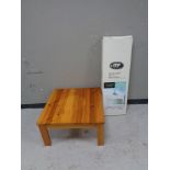 A square pine coffee table and boxed three drawer console table