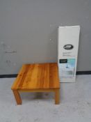 A square pine coffee table and boxed three drawer console table