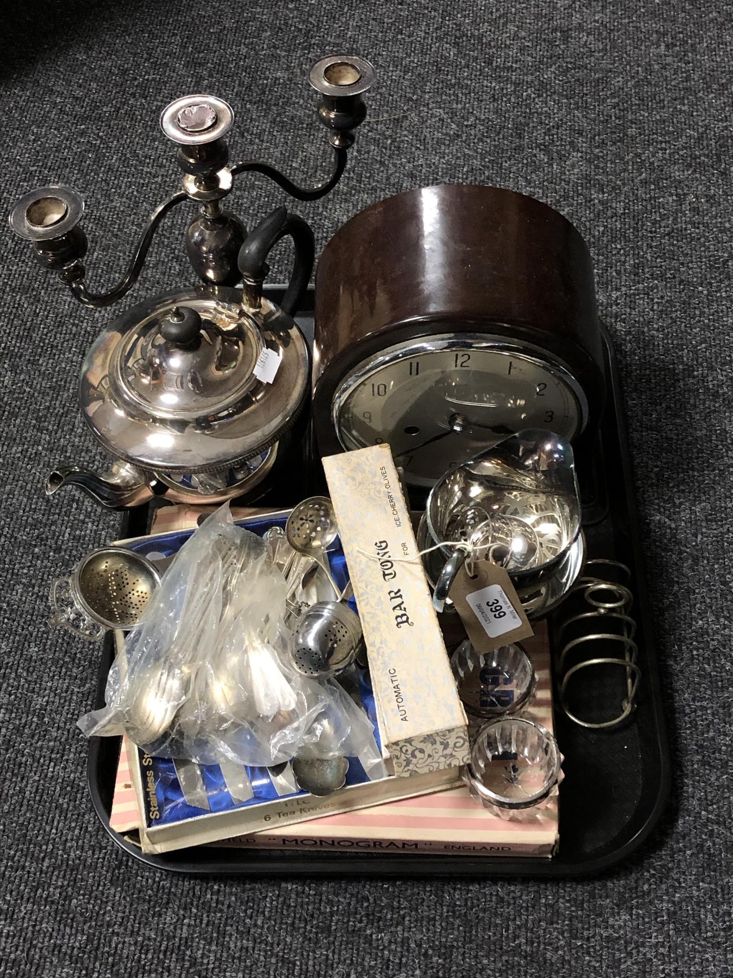 A tray of Bakelite cased Enfield mantel clock, three piece Sheffield plate tea service,