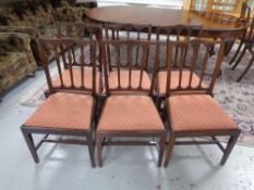 Six antique mahogany rail back dining room chairs