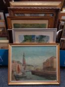 Nine 20th century continental school pictures - oils, Dutch canal scene,