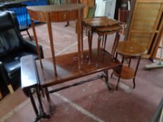 A mahogany flap-sided sofa table together with a D-shaped hall table, a Sutherland table,