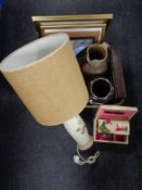 A crate of pictures, pottery jug, beer stein,