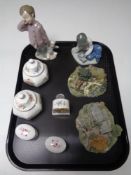 A tray of two Nao boy figures, Aynsley Howard Sprays lidded pots and miniature carriage clock,
