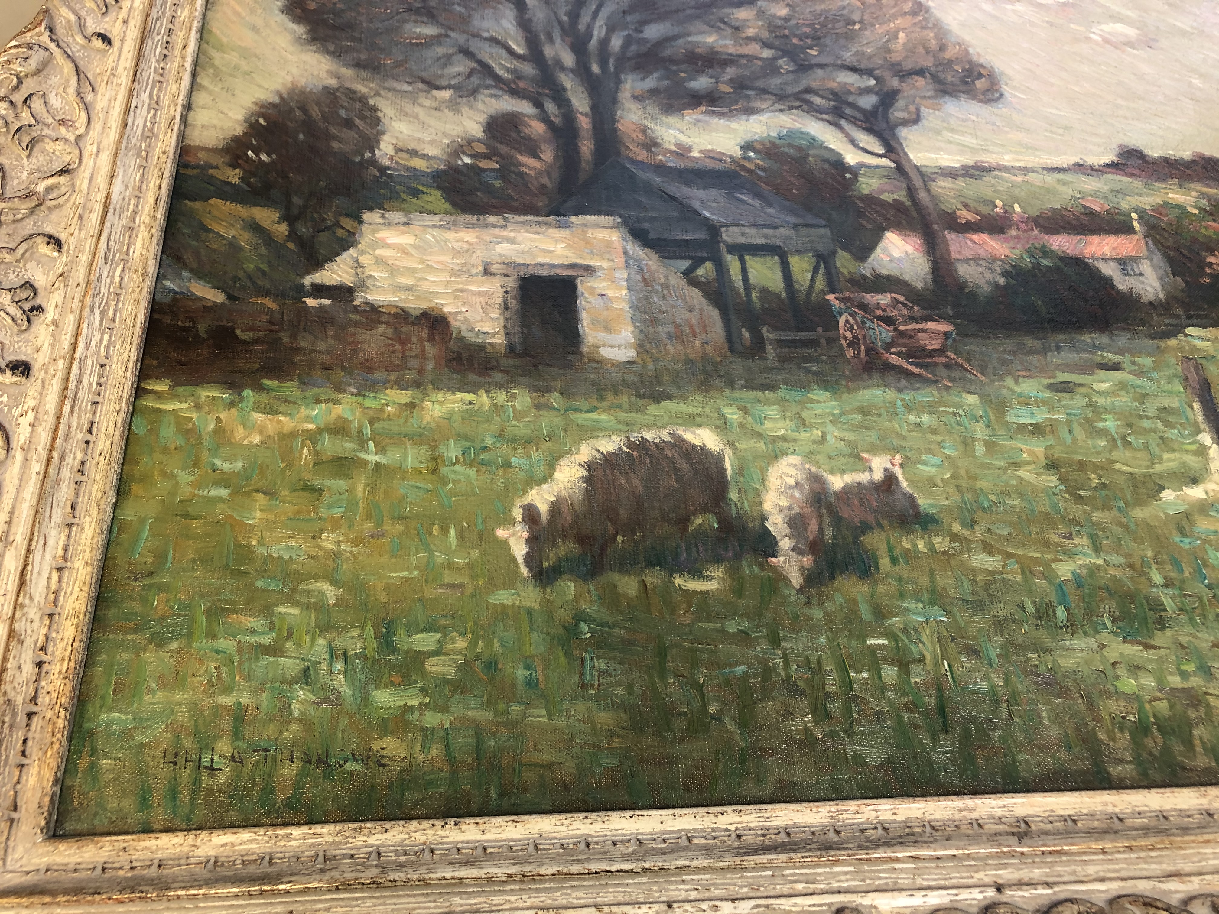 Henry Herbert La Thangue (1859 - 1929) : Sheep Grazing in a Paddock with Hay Cart and Farm - Image 5 of 17