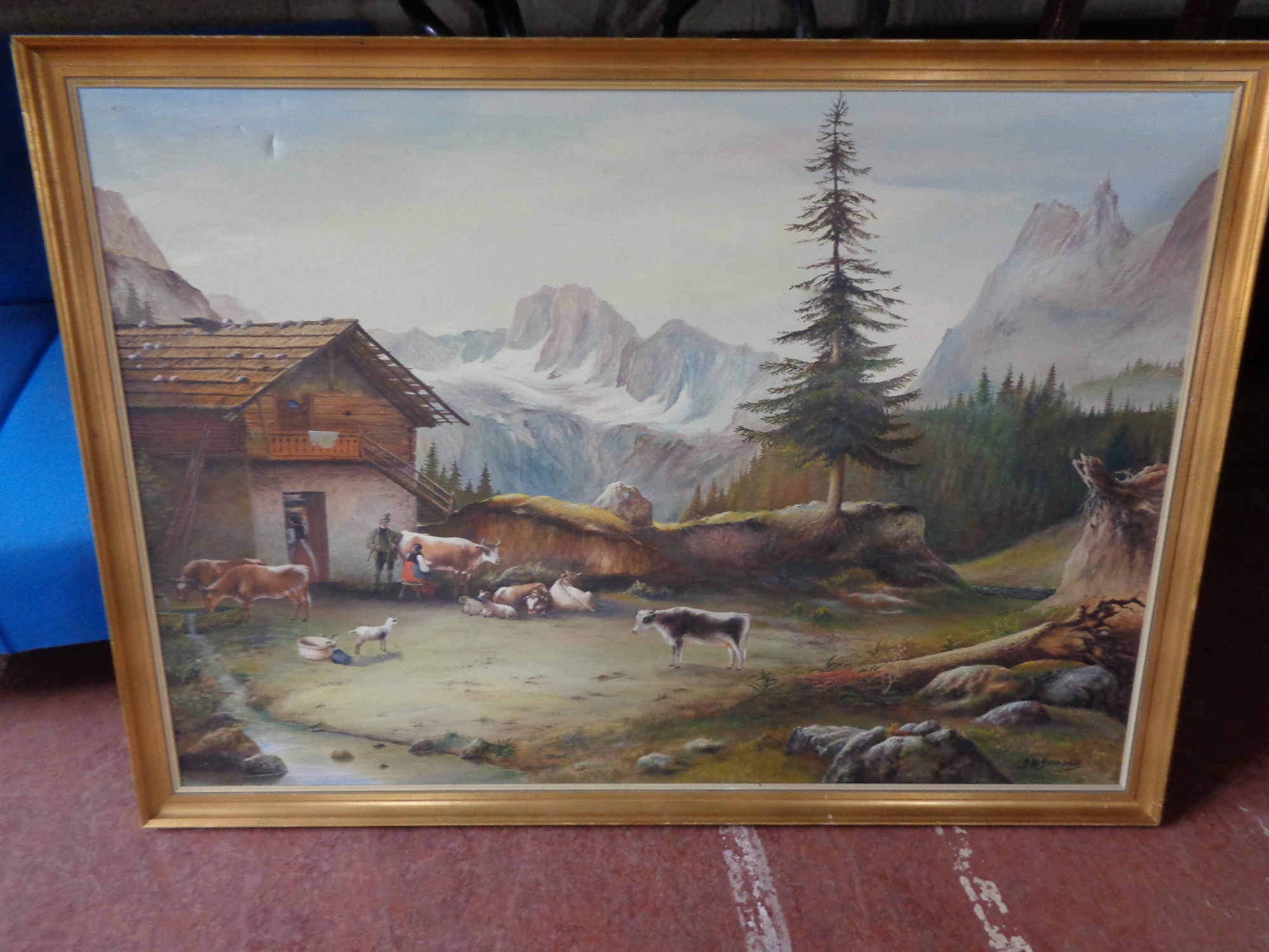 A continental school oil on canvas, mountain farming scene,