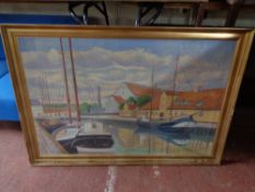 A 20th century continental school painting, fishing boats in dock,