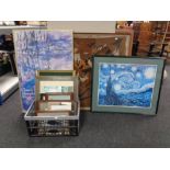 A quantity of assorted pictures and prints to include Monet poster, Van Gogh print, tapestries,