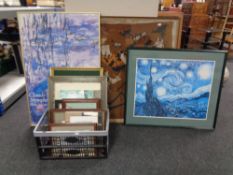 A quantity of assorted pictures and prints to include Monet poster, Van Gogh print, tapestries,