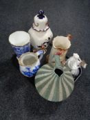 A tray of china including pottery jug, two antique jugs, Ringtons vase, Masons Mandalay vase,