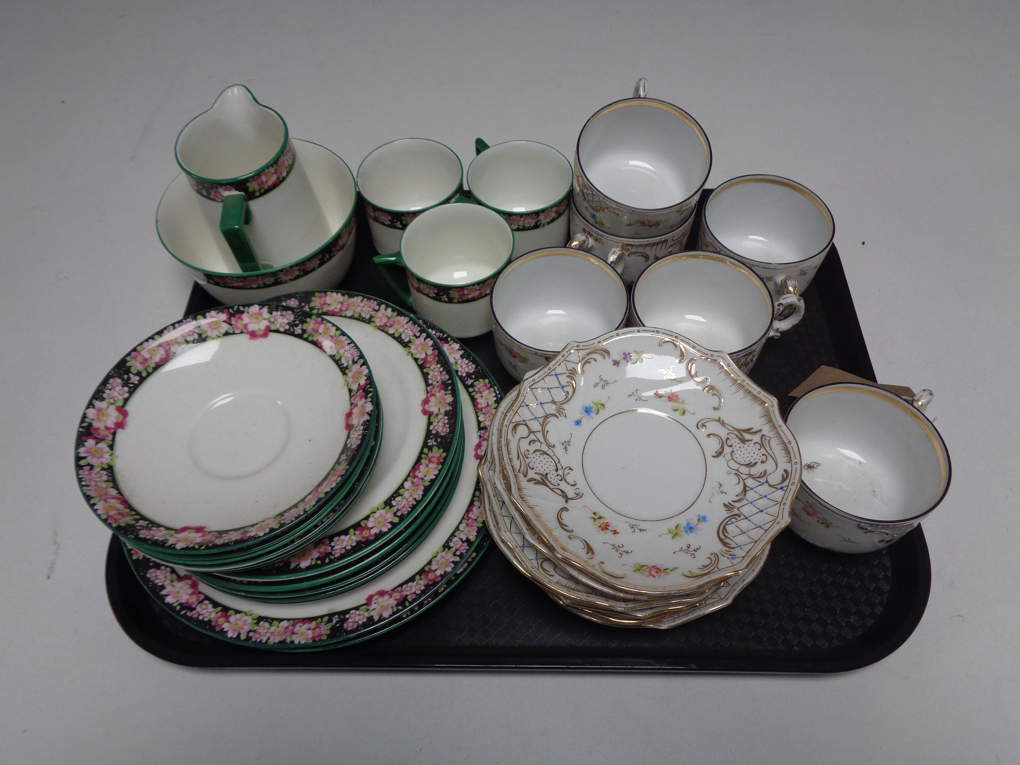 A tray of part Royal Doulton floral tea set and a continental china tea service