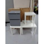 Four boxed Ikea Steffan dining chairs, painted bedside chest,