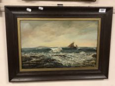 John Falconar Slater (1857 - 1937) : A Fishing Boat Coming In on a Full Swell, oil on panel, signed,