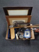 A box of Edwardian monochrome photographs, framed mirror, metal ware, shooting sticks,