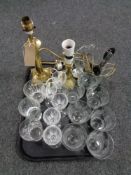 A tray of brass candlestick table lamp and one further, brass lamp,