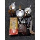 A tray of three pieces of piquet ware, vintage cameras, boxed Spong mincer,