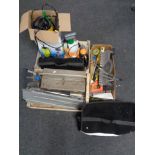 A box of assorted tools, paint sprayer,