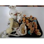 A tray of ten Pendelfin rabbits together with assorted Royal Albert Old Country Roses china and