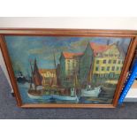 A 20th century continental school oil on canvas, fishing boats in a dock, signed H.R.