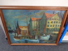 A 20th century continental school oil on canvas, fishing boats in a dock, signed H.R.