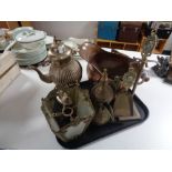 A tray of assorted metal ware - copper lion mask handle coal bucket, plated spirit kettle on stand,