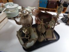 A tray of assorted metal ware - copper lion mask handle coal bucket, plated spirit kettle on stand,