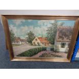 A 20th century continental school gilt framed oil on canvas, rural cottages, signed S.