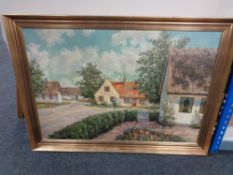 A 20th century continental school gilt framed oil on canvas, rural cottages, signed S.