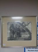 A mid century wood cut print depicting children, signed in pencil 7/50, framed.