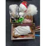 Two crates of child's croquet set, soft toys, vintage doll, Oor Wullie & Broons annuals.