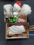 Two crates of child's croquet set, soft toys, vintage doll, Oor Wullie & Broons annuals.
