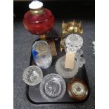 A tray of assorted glass - etched vase, decanter, rose bowl, Victorian cranberry oil lamp,