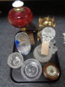 A tray of assorted glass - etched vase, decanter, rose bowl, Victorian cranberry oil lamp,