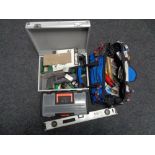 A tool bag aluminium case, box of hand tools, spirit levels,