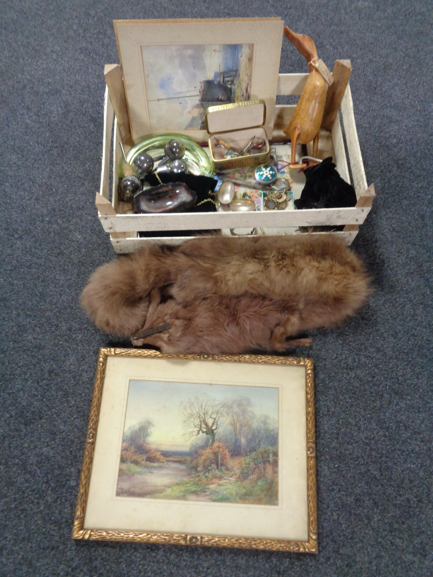 A box of plated vesta in the form of a horse shoe, gilt buttons, fox furs, costume jewellery,