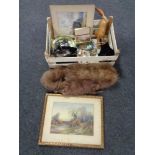 A box of plated vesta in the form of a horse shoe, gilt buttons, fox furs, costume jewellery,