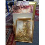 A gilt framed mirror and a box of wall canvases, oil on canvas,