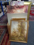 A gilt framed mirror and a box of wall canvases, oil on canvas,