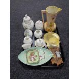 A tray of Maling cup and saucer, Maling ash tray, Carlton ware dish, Art Deco pottery jug,