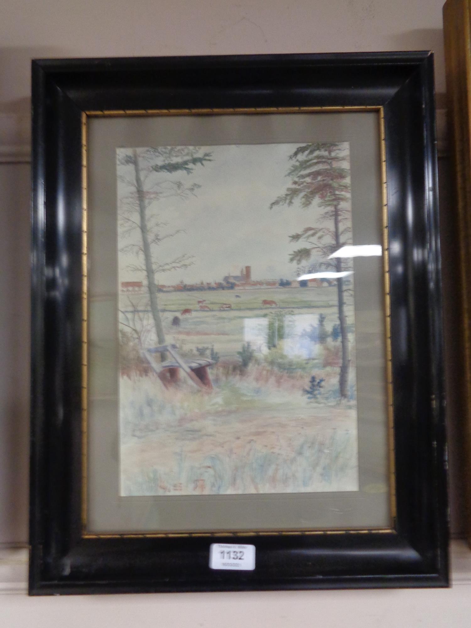 Continental school : Cattle in field, watercolour, framed.