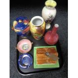 A tray of Maling storm lidded biscuit barrel, Maling clematis ash tray, Crown Devon lustre vase,