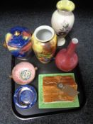 A tray of Maling storm lidded biscuit barrel, Maling clematis ash tray, Crown Devon lustre vase,