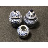 Three Chinese style blue and white vases,