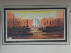 Continental school : Boats at sunsset , oil on canvas, framed.